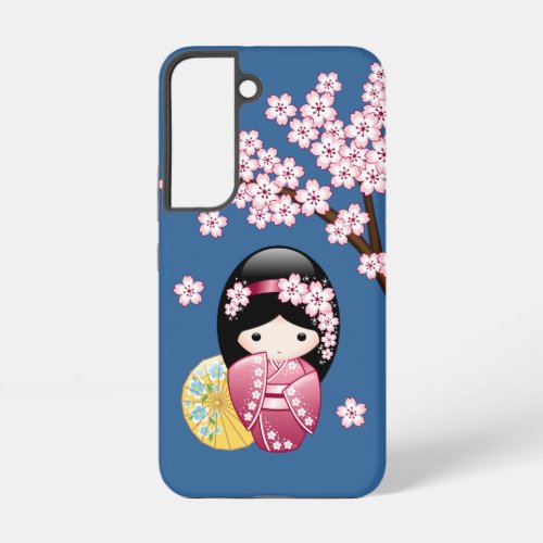 Spring Kokeshi Doll _ Cute Japanese Geisha on Blue Samsung Galaxy S22 Case