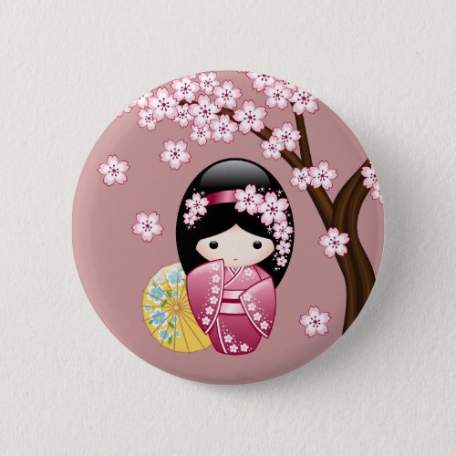 Spring Kokeshi Doll _ Cute Japanese Geisha on Pink Button