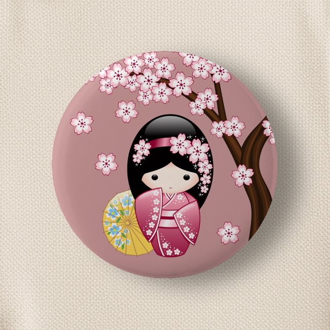 Spring Kokeshi Doll - Cute Japanese Geisha on Pink Button (Creator Uploaded)