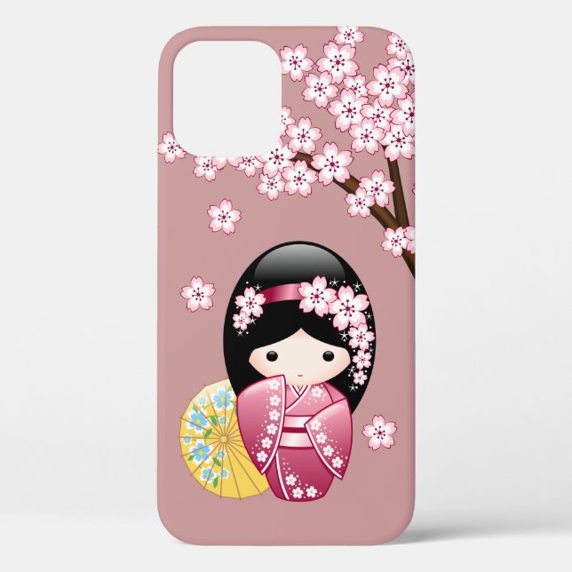 Spring Kokeshi Doll - Cute Japanese Geisha on Pink Case-Mate iPhone Case (Back)