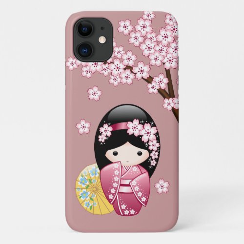 Spring Kokeshi Doll _ Cute Japanese Geisha on Pink iPhone 11 Case