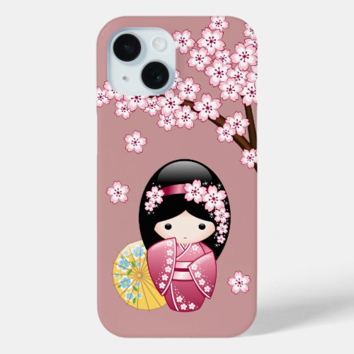 Spring Kokeshi Doll _ Cute Japanese Geisha on Pink iPhone 15 Case