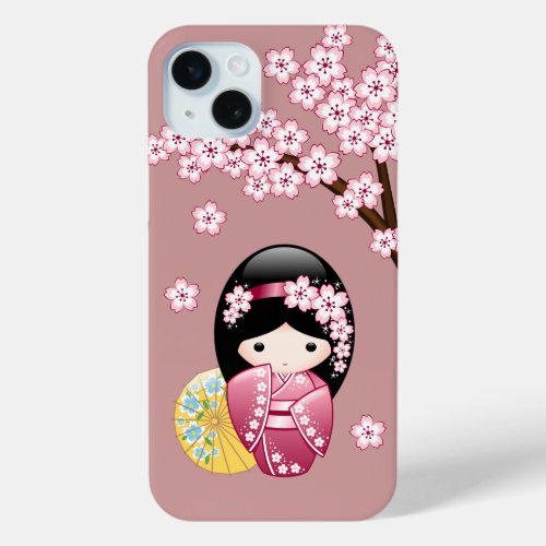 Spring Kokeshi Doll _ Cute Japanese Geisha on Pink iPhone 15 Plus Case