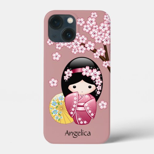 Spring Kokeshi Doll _ Cute Japanese Geisha on Pink iPhone 13 Mini Case
