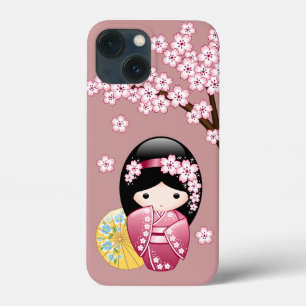 Spring Kokeshi Doll - Cute Japanese Geisha on Pink iPhone 13 Mini Case