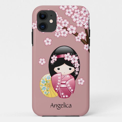 Spring Kokeshi Doll _ Cute Japanese Geisha on Pink iPhone 11 Case