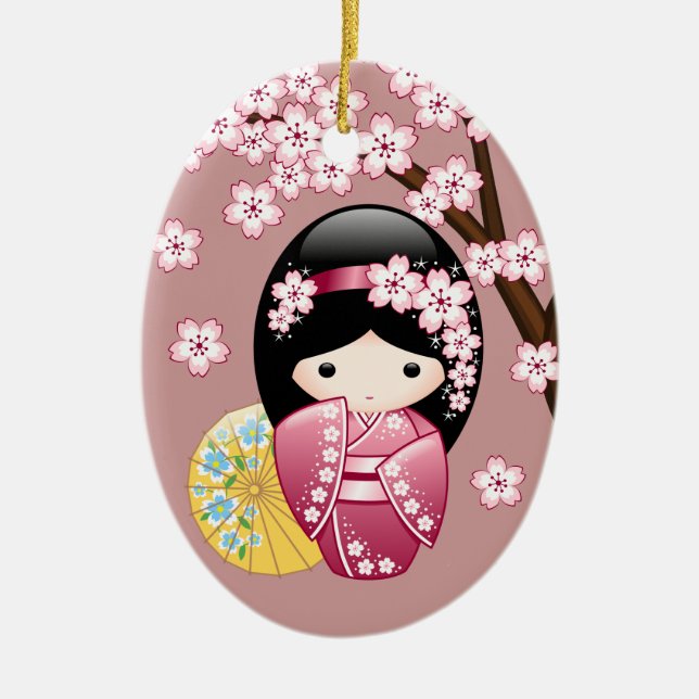 Spring Kokeshi Doll - Cute Japanese Geisha on Pink Ceramic Ornament (Front)