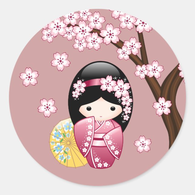 Spring Kokeshi Doll Cute Japanese Geisha on Pink Classic Round Sticker (Front)