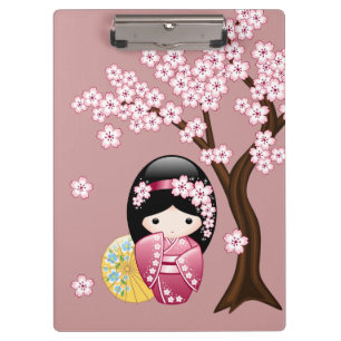 Spring Kokeshi Doll - Cute Japanese Geisha on Pink Clipboard