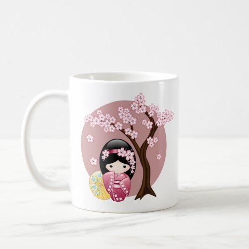 Spring Kokeshi Doll _ Cute Japanese Geisha on Pink Coffee Mug