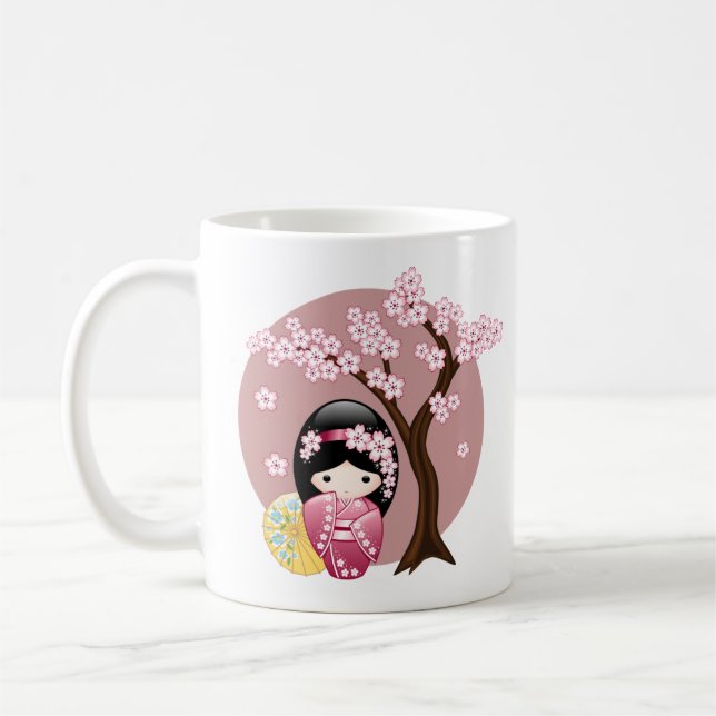 Spring Kokeshi Doll - Cute Japanese Geisha on Pink Coffee Mug (Left)