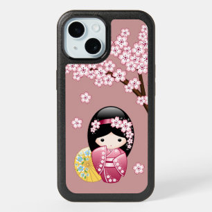 Spring Kokeshi Doll - Cute Japanese Geisha on Pink iPhone 15 Case