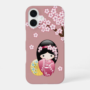 Spring Kokeshi Doll - Cute Japanese Geisha on Pink iPhone 16 Case