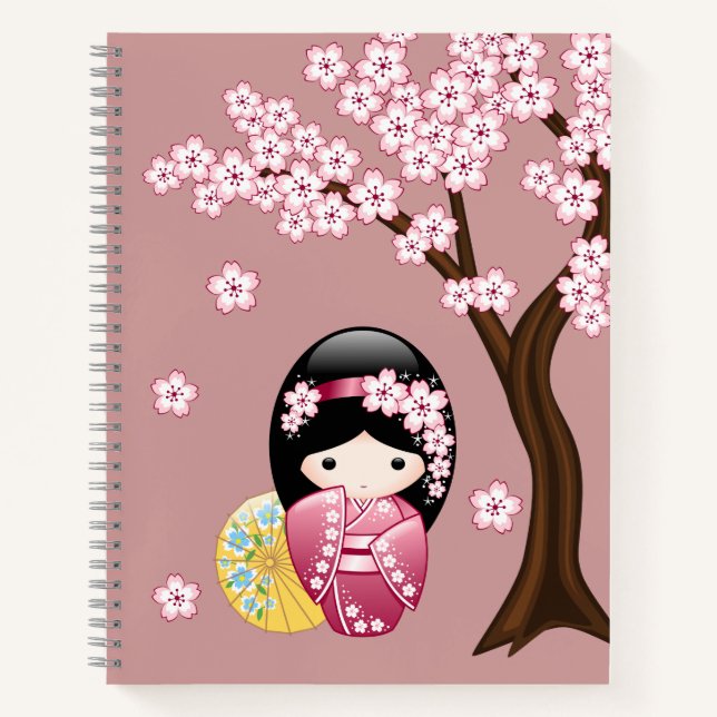 Spring Kokeshi Doll - Cute Japanese Geisha on Pink Notebook (Front)