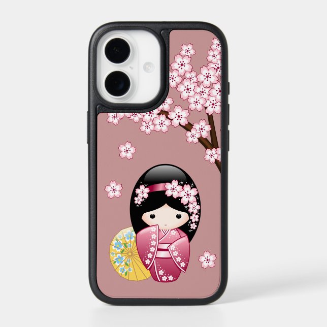 Spring Kokeshi Doll - Cute Japanese Geisha on Pink Otterbox iPhone Case (Back)