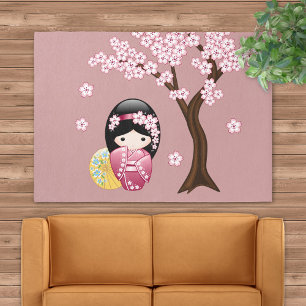 Spring Kokeshi Doll - Cute Japanese Geisha on Pink Rug