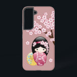 Spring Kokeshi Doll - Cute Japanese Geisha on Pink Samsung Galaxy S22 Case<br><div class="desc">Vector illustration of a cute oriental geisha girl in a dark pink/magenta kimono dress with wide obi sash and a yellow bamboo paper umbrella. The girl long black hair is decorated with flower blossoms. This artwork was inspired by traditional kokeshi dolls of Japan and influenced by Japanese Chibi Kawaii art...</div>