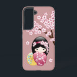 Spring Kokeshi Doll - Cute Japanese Geisha on Pink Samsung Galaxy S22 Case<br><div class="desc">Vector illustration of a cute oriental geisha girl in a dark pink/magenta kimono dress with wide obi sash and a yellow bamboo paper umbrella. The girl long black hair is decorated with flower blossoms. This artwork was inspired by traditional kokeshi dolls of Japan and influenced by Japanese Chibi Kawaii art...</div>