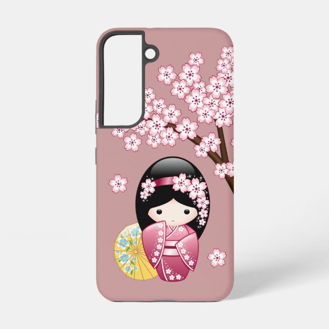 Spring Kokeshi Doll - Cute Japanese Geisha on Pink Samsung Galaxy Case (Back)