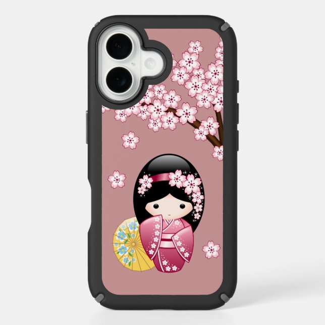 Spring Kokeshi Doll Cute Japanese Geisha on Pink Speck iPhone Case (Front)
