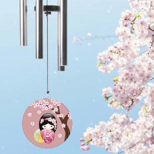 Spring Kokeshi Doll Cute Japanese Geisha on Pink Wind Chime