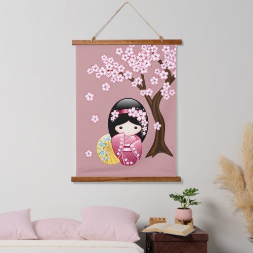 Spring Kokeshi Doll _ Cute Japanese Geisha Pink Hanging Tapestry