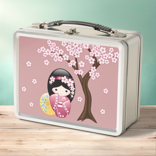 Spring Kokeshi Doll _ Cute Japanese Geisha Pink Metal Lunch Box
