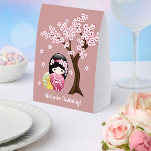 Spring Kokeshi Doll Cute Japanese Geisha Pink Paper Table Tent
