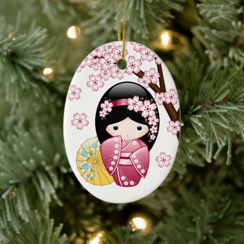 Spring Kokeshi Doll _ Cute Japanese Geisha White Ceramic Ornament