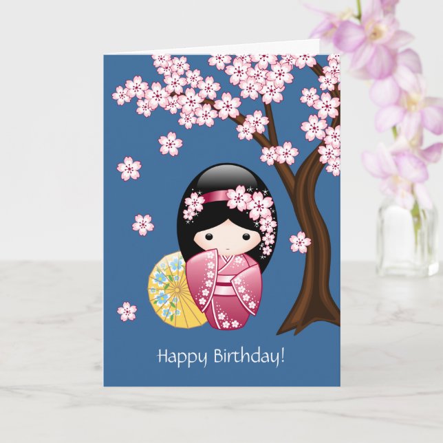Spring Kokeshi Doll - Japanese Geisha Birthday Card (Orchid)