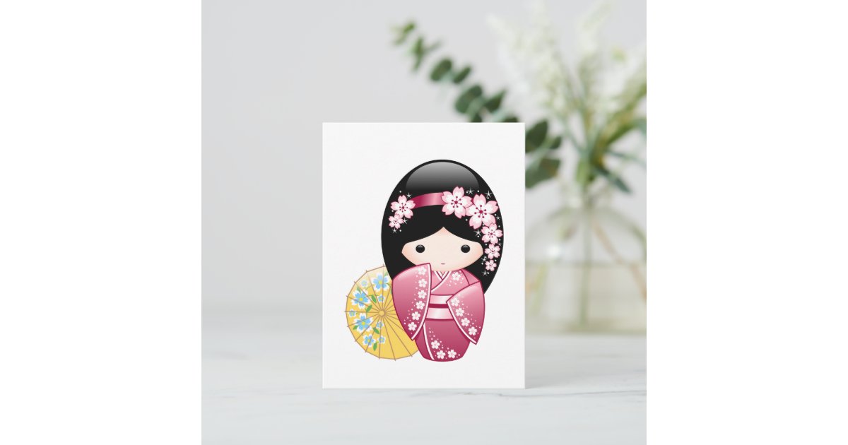 Red Sakura Kokeshi Doll - Cute Geisha Postcard, Zazzle