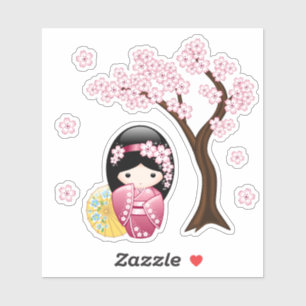 Spring Kokeshi Doll - Pink Kimono Geisha Girl Sticker