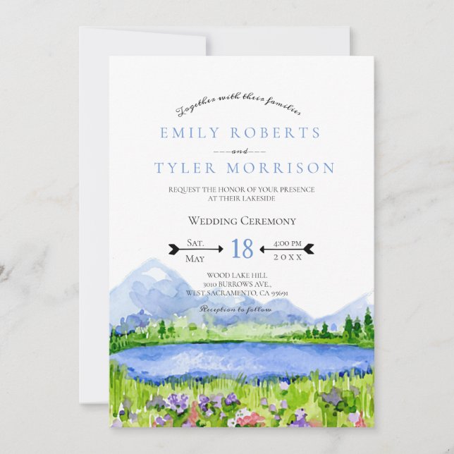 Spring Lakeside Mountain Meadow Wedding Invites © (Front)