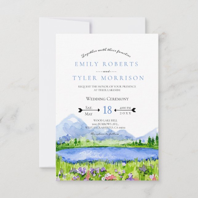 Spring Lakeside Mountain Meadow Wedding Invites © (Front)