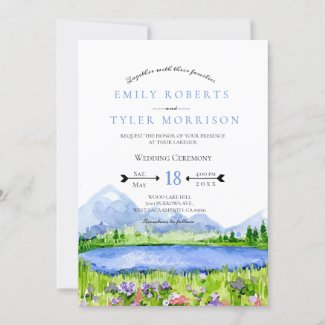 Spring Lakeside Mountain Meadow Wedding Invites ©