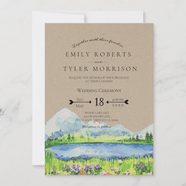 Spring Lakeside Mountain Meadow Wedding Invites © (Front)
