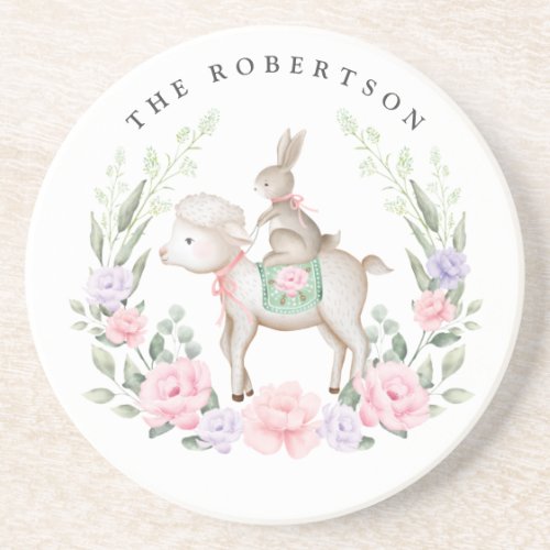 Spring Lamb  Bunny Rabbit Lilac Blush Easter Coaster