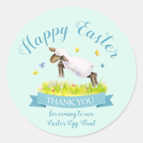 Spring lamb cute aqua blue Easter thank you Classic Round Sticker