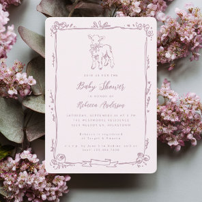 Spring Lamb Cute Doodle Pink Girl Baby Shower Invitation