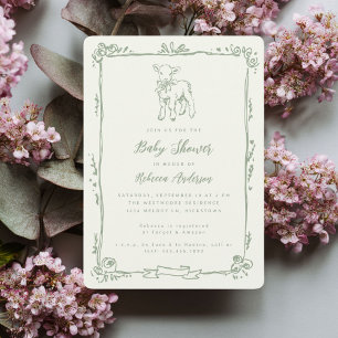 Spring Lamb Cute Doodle Sage Green Baby Shower Invitation