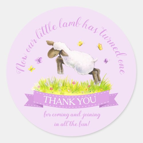 Spring lamb cute purple birthday thank you classic round sticker