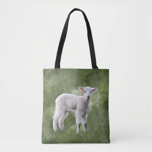 Spring Lamb on a Mottled Green Background Tote Bag