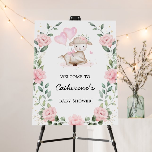 Spring Lamb Pink Floral Girl Baby Shower Welcome Foam Board (In Situ (Stand))