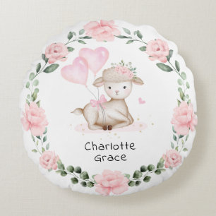 Spring Lamb Pink Floral Wreath Baby Girl Nursery Round Pillow