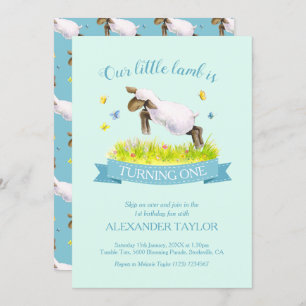 Spring lamb skipping cute 1st birthday invitations