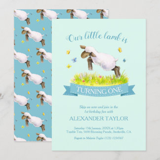 Spring lamb skipping cute 1st birthday invitations