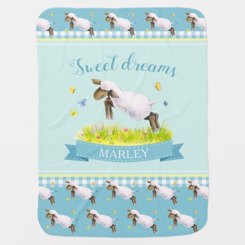 Spring lamb skipping cute aqua new baby baby blanket