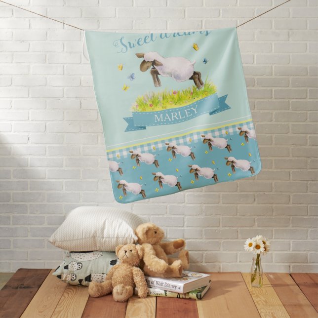 Spring lamb skipping cute aqua new baby blanket (In Situ)