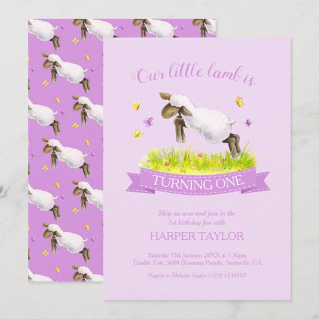 Spring lamb skipping cute purple 1st birthday invitation (Front/Back)