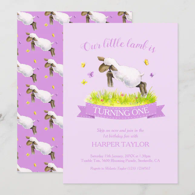 Spring lamb skipping cute purple 1st birthday invitation | Zazzle